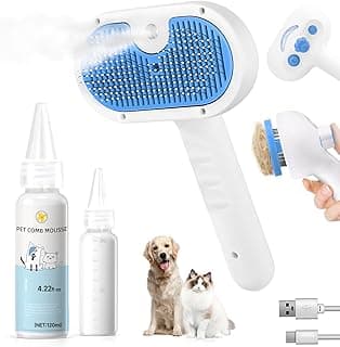 Pet Steam Brush for Dog & Cat - 3-in-1 Steam Grooming Brush for Shedding & Hair Removal - Self Cleaning Spray Comb with Mist for Long Haired Pets - Includes 1*Waterless Shampoo, Blue.