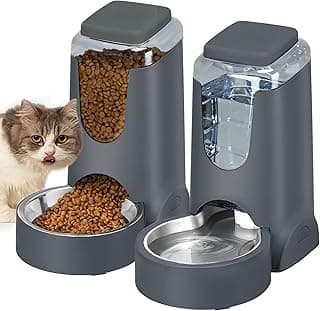 Automatic Cat Feeder and Water Dispenser with Stainless Steel Bowl Dog Gravity Food Feeder and Waterer for Small Medium Pets Puppy Kitten 1 Gallon x 2