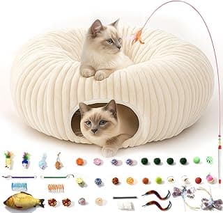 Cat Tunnel Bed with 40 Cat Toys, Collapsible Play Tunnel for Indoor Cats, Cat Tube for Kitten Puppy