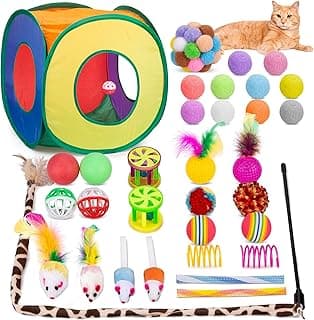 Retro Shaw Cat Toys Pack 33Pcs, Interactive Kitten Toys for Indoor Cats Kitty with Collapsible Play Tunnel Tube Tent Feather Wand Teaser Bell Fuzzy Ball Springs Mouse Toy