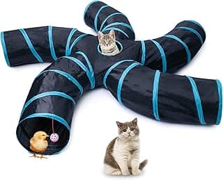 EGETOTA Cat Tunnel for Indoor Cats Large, with Play Ball S-Shape 5 Way Collapsible Interactive Peek Hole Pet Tube Toys, Puppy, Kitty, Kitten, Rabbit (Blue & Black)