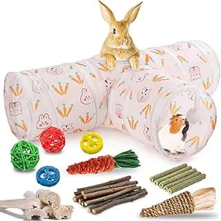 HERCOCCI Rabbit Toys, Bunny Tunnels & Tubes, Collapsible 3 Way Rabbit Hideout Tunnel with Chew Toys for Bunny Guinea Pig Ferret Kitten