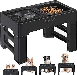 URPOWER 2-in-1 Elevated Slow Feeder Dog Bowls with No-Spill Water Bowl, 4 Height-Adjustable Raised Dog Bowls, Non-Slip Food and Water Bowls with Stand for Small, Medium, Large Dogs, Cats and Pets